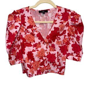 Lulus Floral Button-Up Blouse Crop Top Small V-Neck Short Sleeve Pink & Red